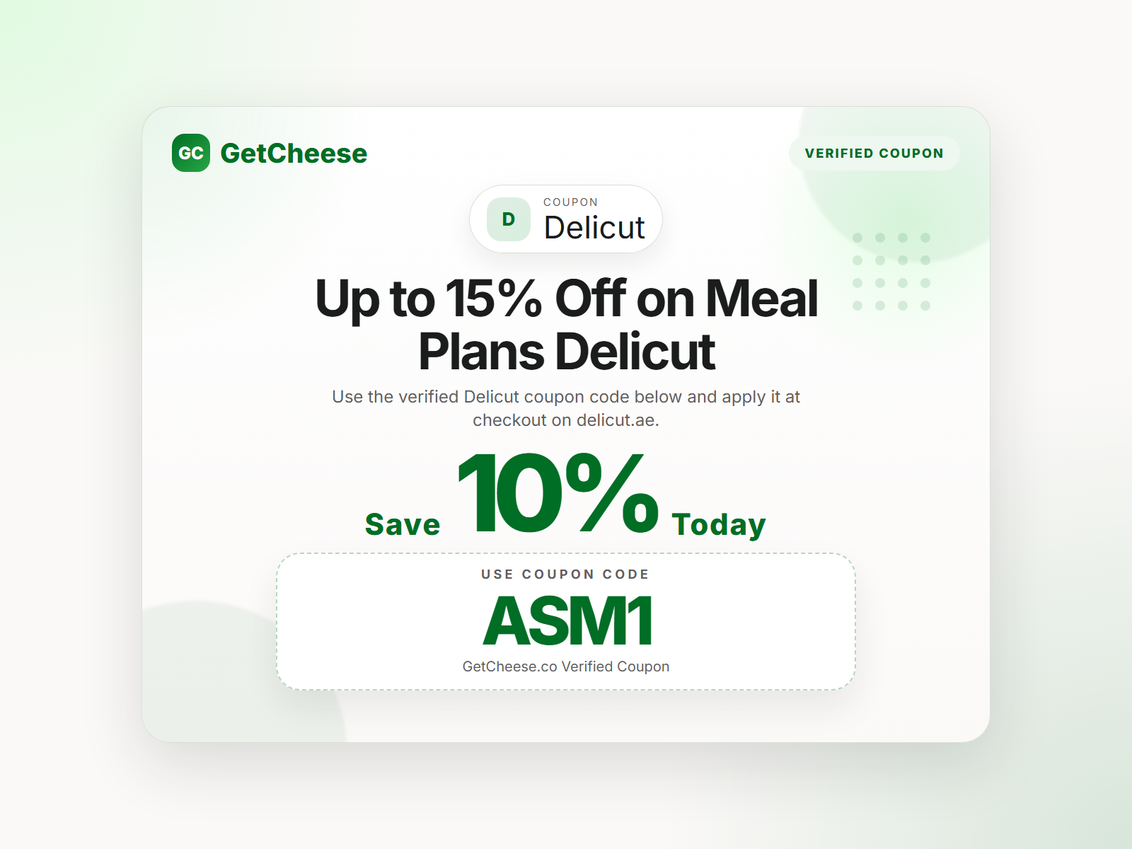 Delicut coupon code ASM1 for 10% off sitewide at delicut.ae from GetCheese