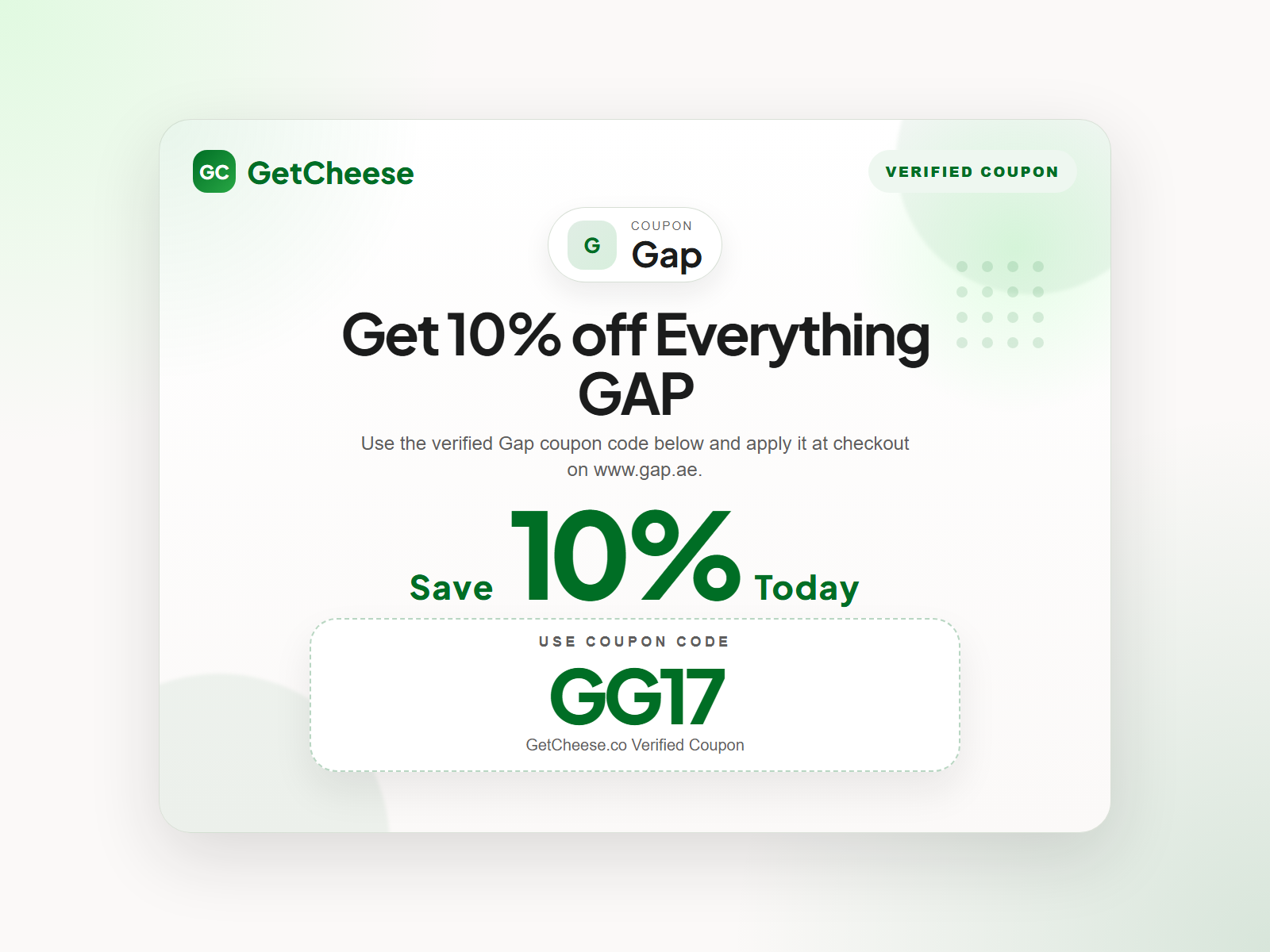 Gap coupon code GG17 for 10% off sitewide at www.gap.ae from GetCheese