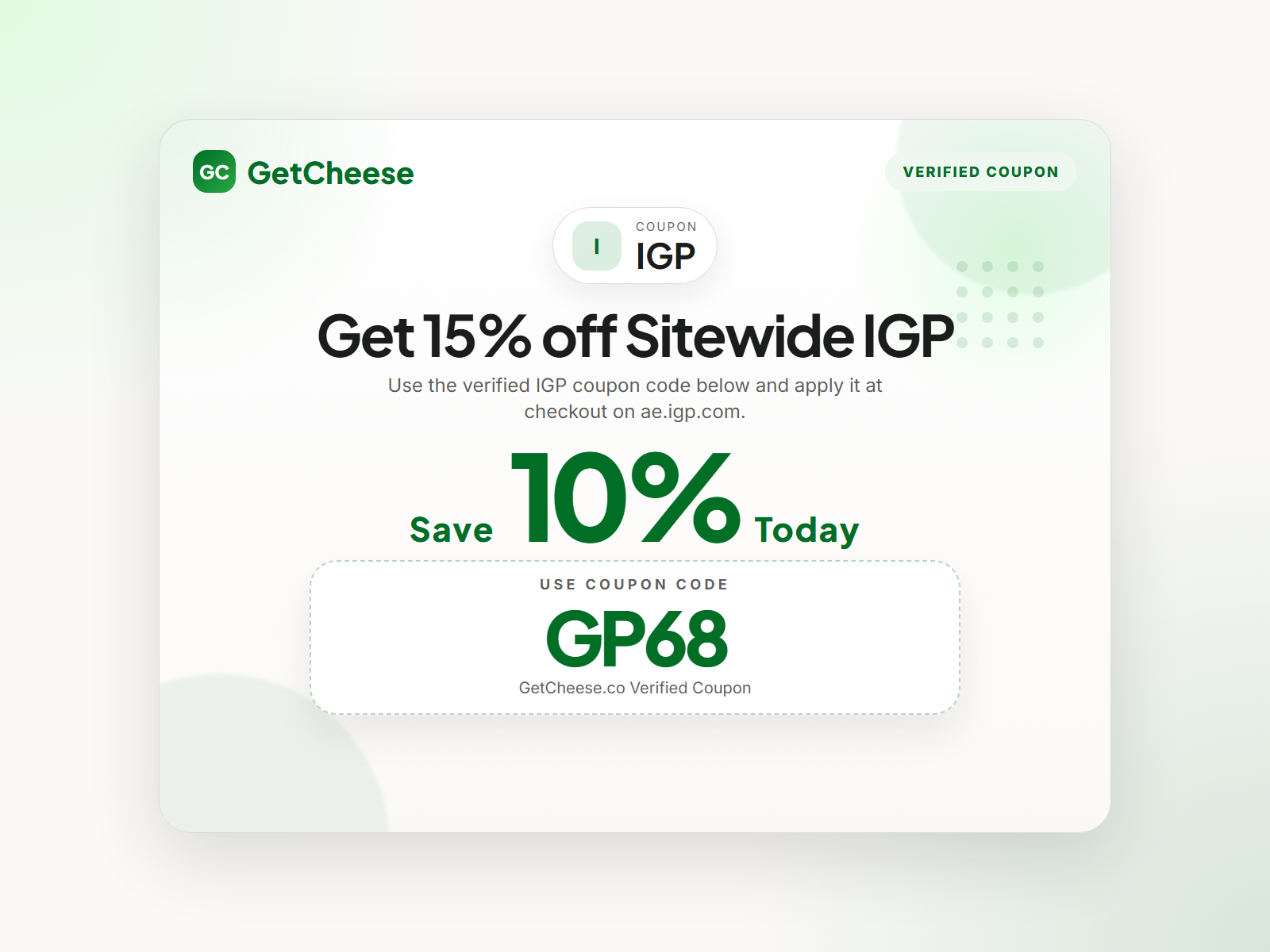 IGP coupon code GP68 for 10% off sitewide at ae.igp.com from GetCheese