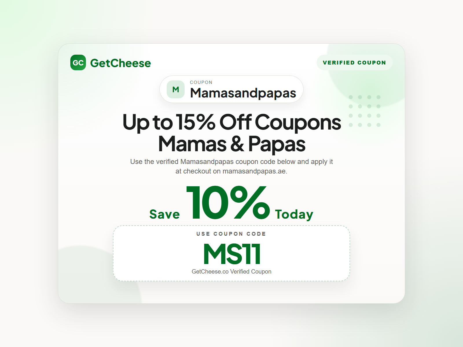 Mamasandpapas coupon code MS11 for 10% off sitewide at mamasandpapas.ae from GetCheese