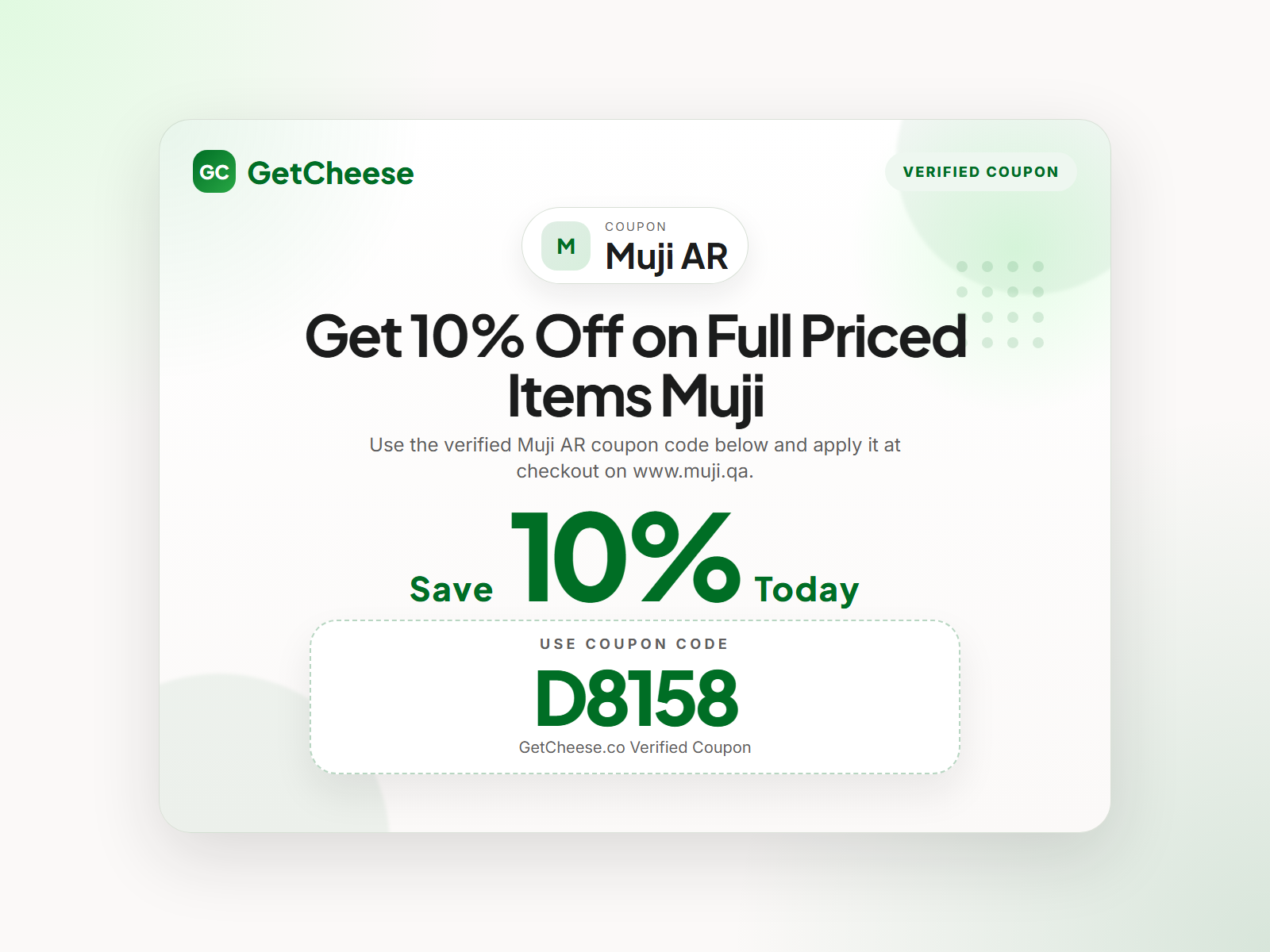 Muji AR coupon code D8158 for 10% off sitewide at www.muji.qa from GetCheese