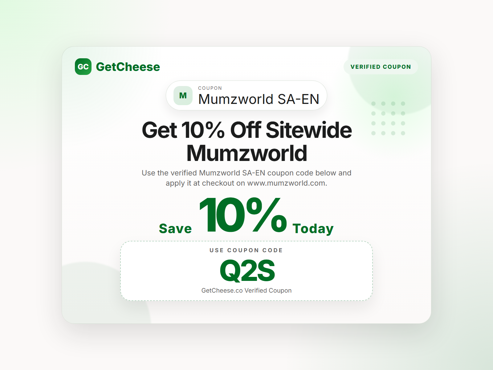 Mumzworld SA-EN coupon code Q2S for 10% off sitewide at www.mumzworld.com from GetCheese