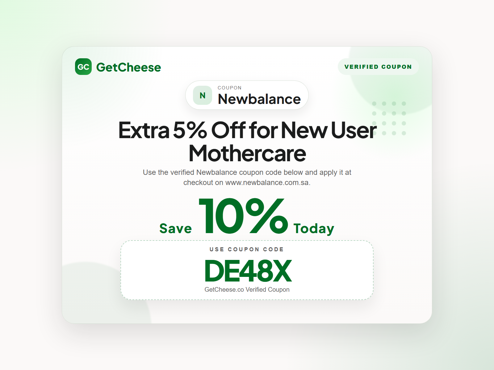 Newbalance coupon code DE48X for 10% off sitewide at www.newbalance.com.sa from GetCheese