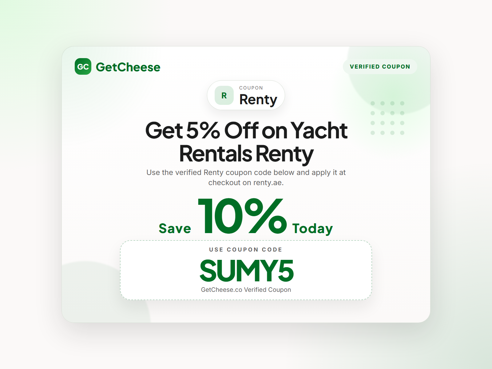 Renty coupon code SUMY5 for 10% off sitewide at renty.ae from GetCheese