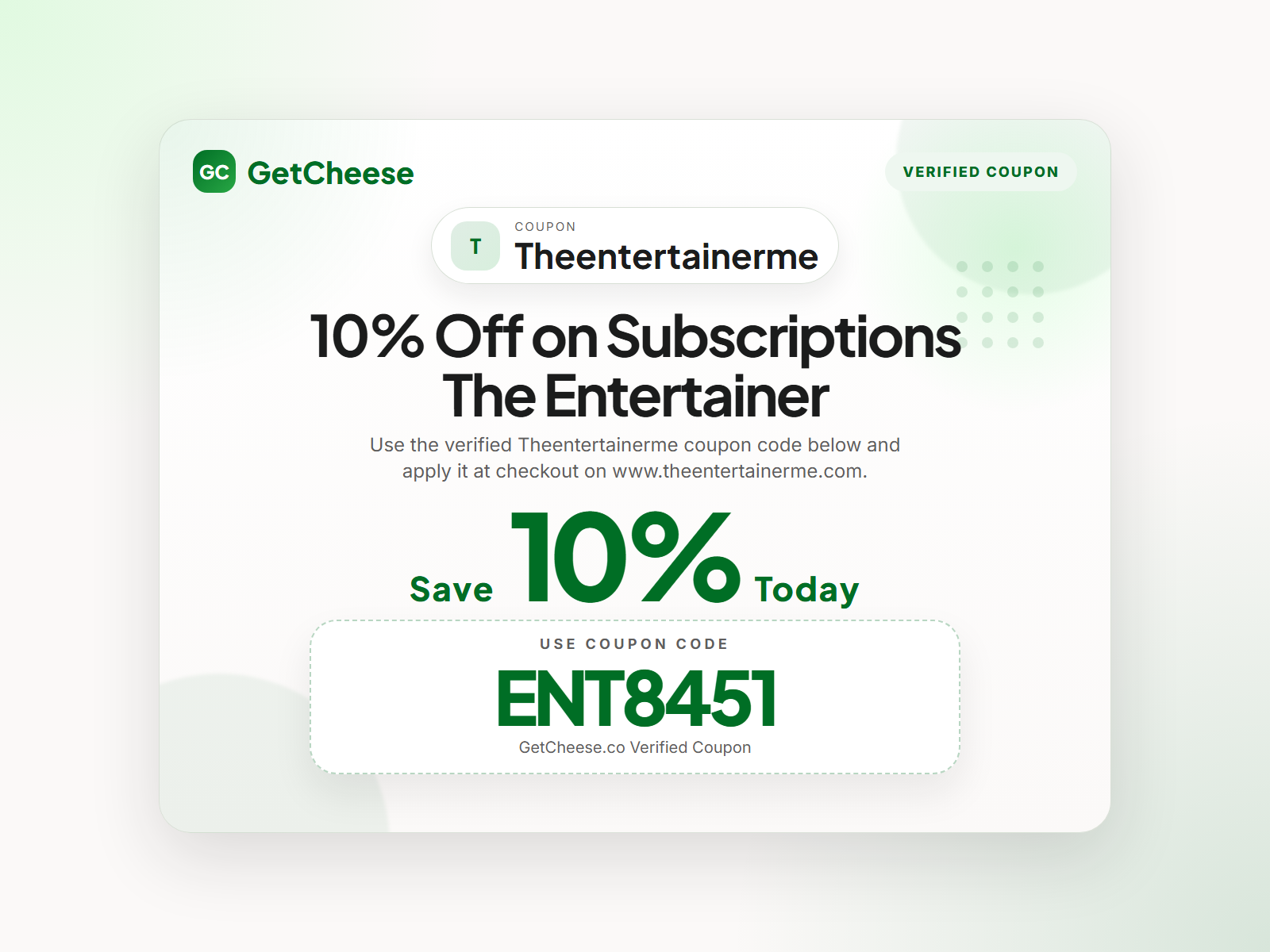 Theentertainerme coupon code ENT8451 for 10% off sitewide at www.theentertainerme.com from GetCheese