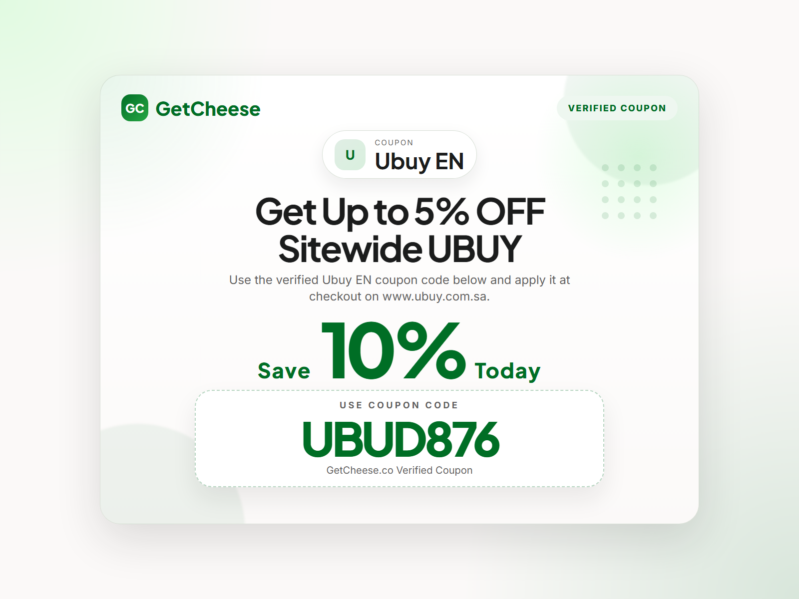 Ubuy EN coupon code UBUD876 for 10% off sitewide at www.ubuy.com.sa from GetCheese