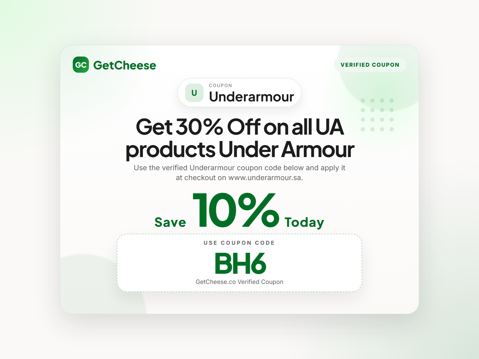 Underarmour coupon code BH6 for 10% off sitewide at www.underarmour.sa from GetCheese