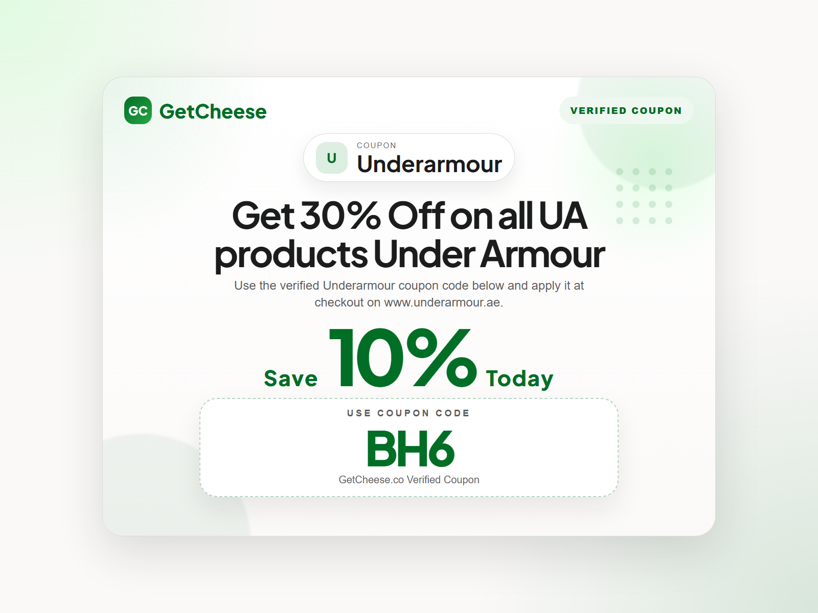 Underarmour coupon code BH6 for 10% off sitewide at www.underarmour.ae from GetCheese