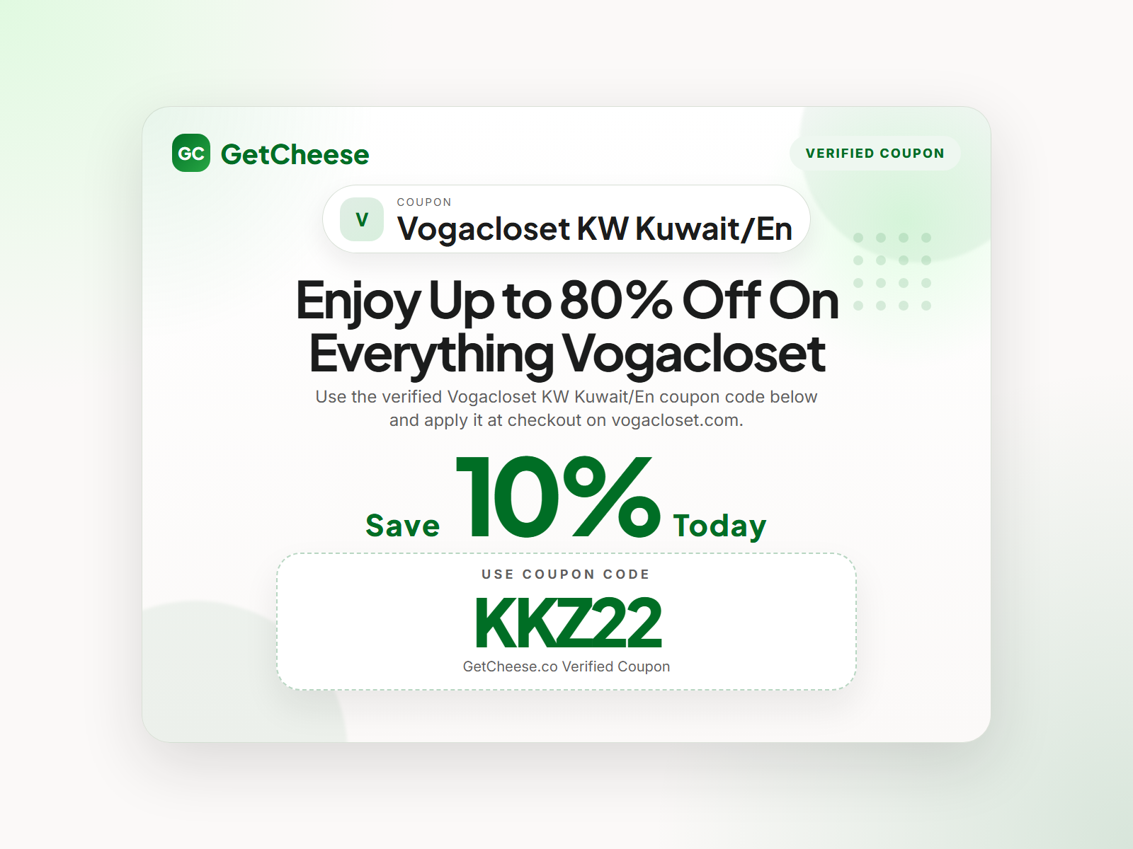 Vogacloset KW Kuwait/En coupon code KKZ22 for 10% off sitewide at vogacloset.com from GetCheese