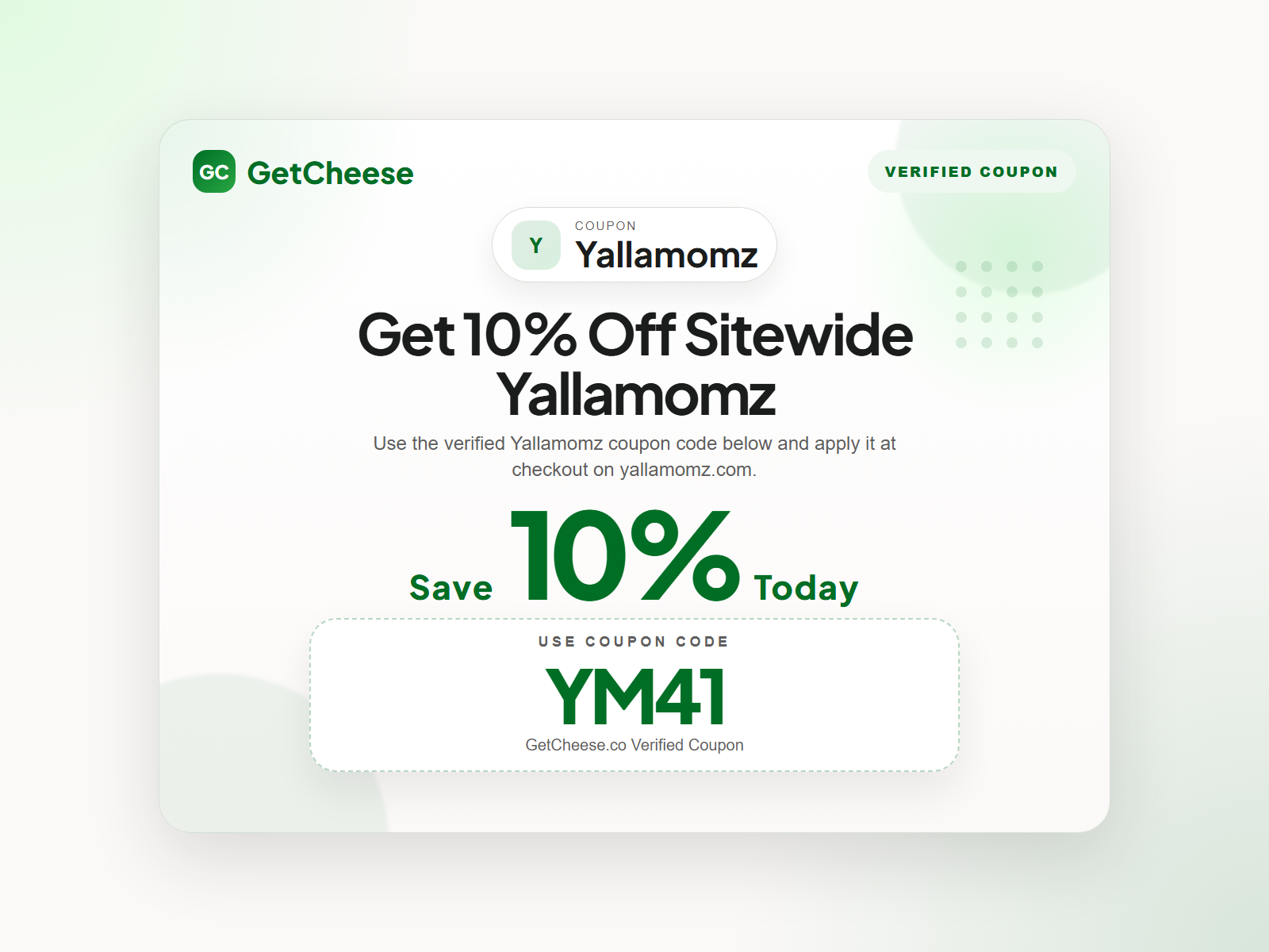 Yallamomz coupon code YM41 for 10% off sitewide at yallamomz.com from GetCheese